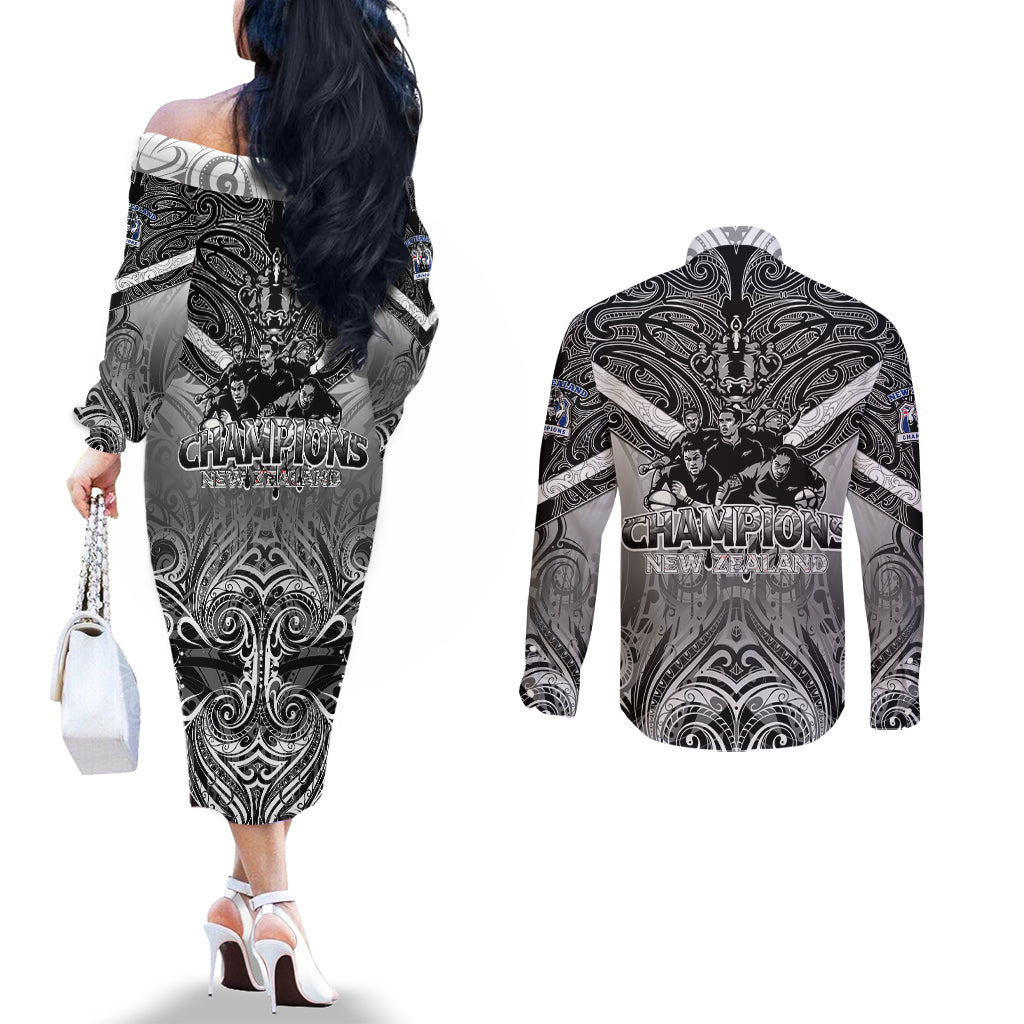 New Zealand Couples Matching Off The Shoulder Long Sleeve Dress and Long Sleeve Button Shirt Rugby Aotearoa Champions DT02 - Polynesian Pride