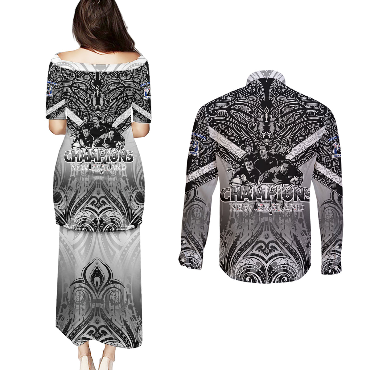 New Zealand Couples Matching Puletasi Dress and Long Sleeve Button Shirt Rugby Aotearoa Champions DT02 - Polynesian Pride