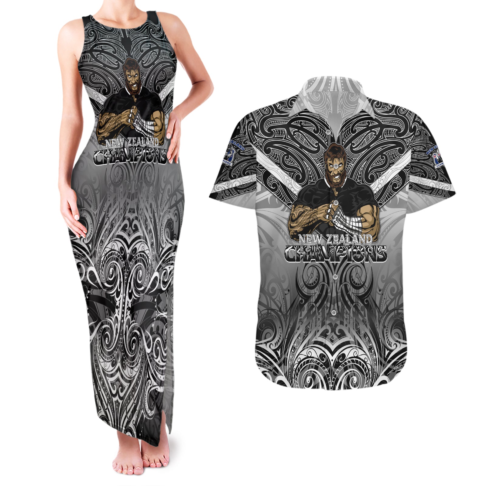 New Zealand Couples Matching Tank Maxi Dress and Hawaiian Shirt Rugby Aotearoa Champions DT02 Black - Polynesian Pride