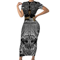 New Zealand Short Sleeve Bodycon Dress Rugby Aotearoa Champions DT02 Long Dress Black - Polynesian Pride