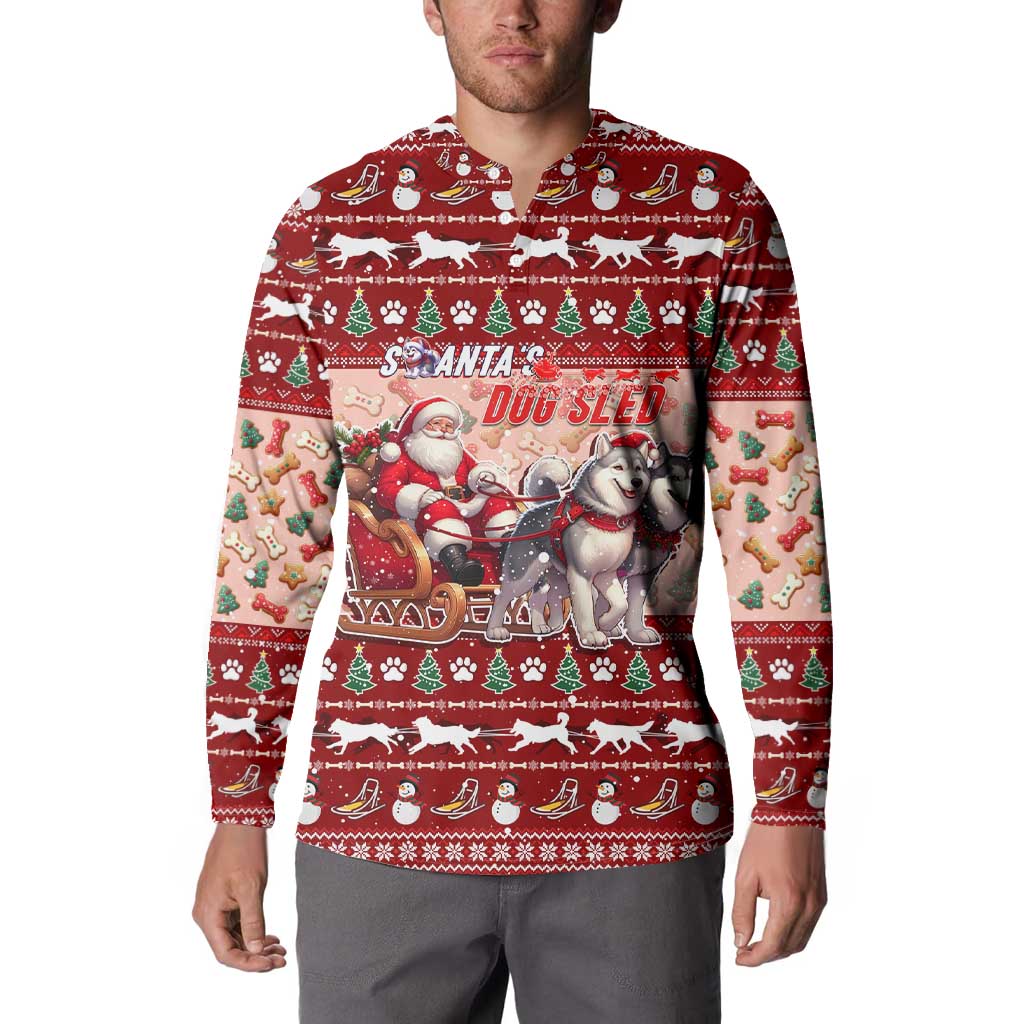 Dog Sled Christmas Button Sweatshirt Husky Sleigh Ride Design - Polynesian Pride