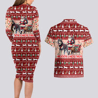 Dog Sled Christmas Couples Matching Long Sleeve Bodycon Dress and Hawaiian Shirt Husky Sleigh Ride Design - Polynesian Pride