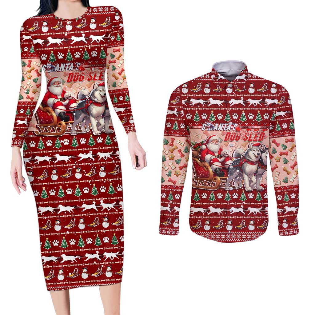 Dog Sled Christmas Couples Matching Long Sleeve Bodycon Dress and Long Sleeve Button Shirt Husky Sleigh Ride Design - Polynesian Pride