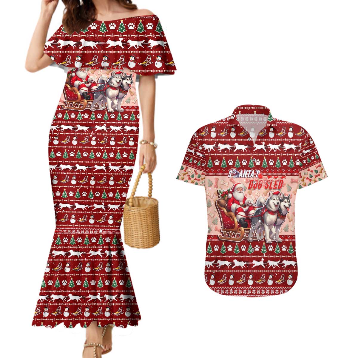 Dog Sled Christmas Couples Matching Mermaid Dress and Hawaiian Shirt Husky Sleigh Ride Design - Polynesian Pride