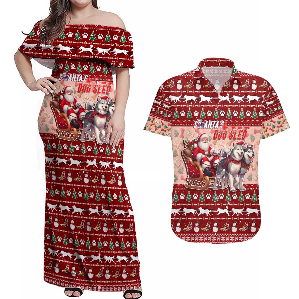 Dog Sled Christmas Couples Matching Off Shoulder Maxi Dress and Hawaiian Shirt Husky Sleigh Ride Design - Polynesian Pride