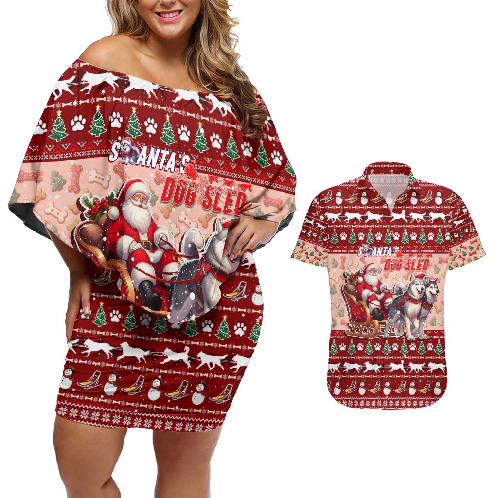 Dog Sled Christmas Couples Matching Off Shoulder Short Dress and Hawaiian Shirt Husky Sleigh Ride Design - Polynesian Pride