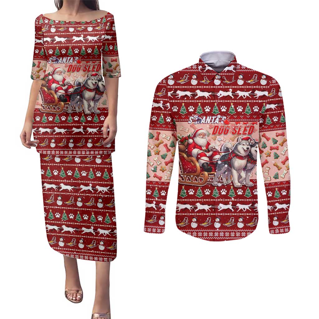 Dog Sled Christmas Couples Matching Puletasi and Long Sleeve Button Shirt Husky Sleigh Ride Design - Polynesian Pride