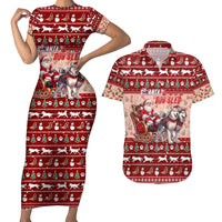 Dog Sled Christmas Couples Matching Short Sleeve Bodycon Dress and Hawaiian Shirt Husky Sleigh Ride Design - Polynesian Pride