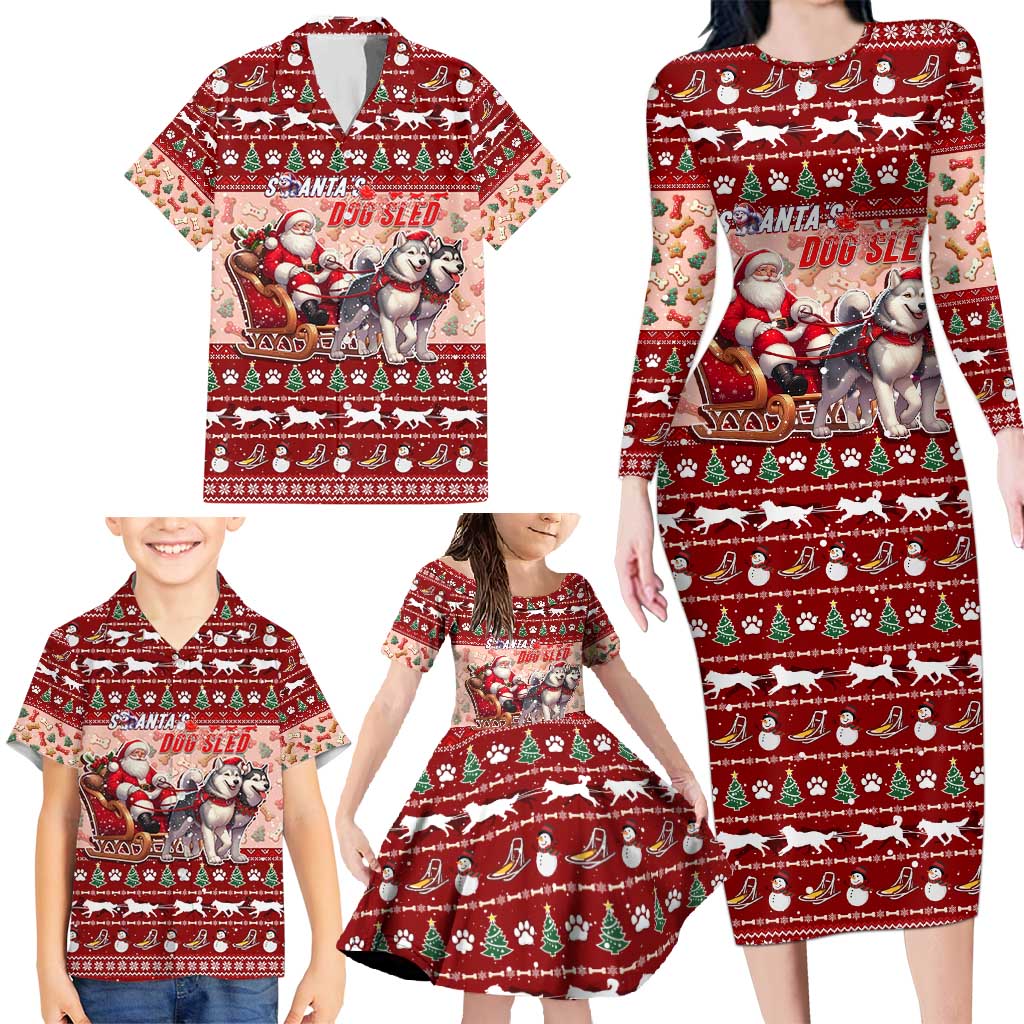 Dog Sled Christmas Family Matching Long Sleeve Bodycon Dress and Hawaiian Shirt Husky Sleigh Ride Design - Polynesian Pride