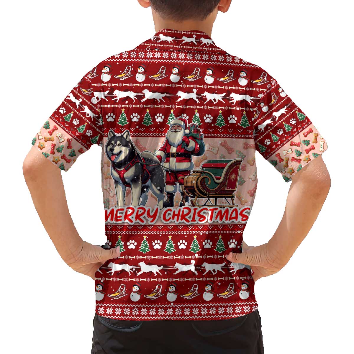 Dog Sled Christmas Family Matching Off The Shoulder Long Sleeve Dress and Hawaiian Shirt Husky Sleigh Ride Design - Polynesian Pride