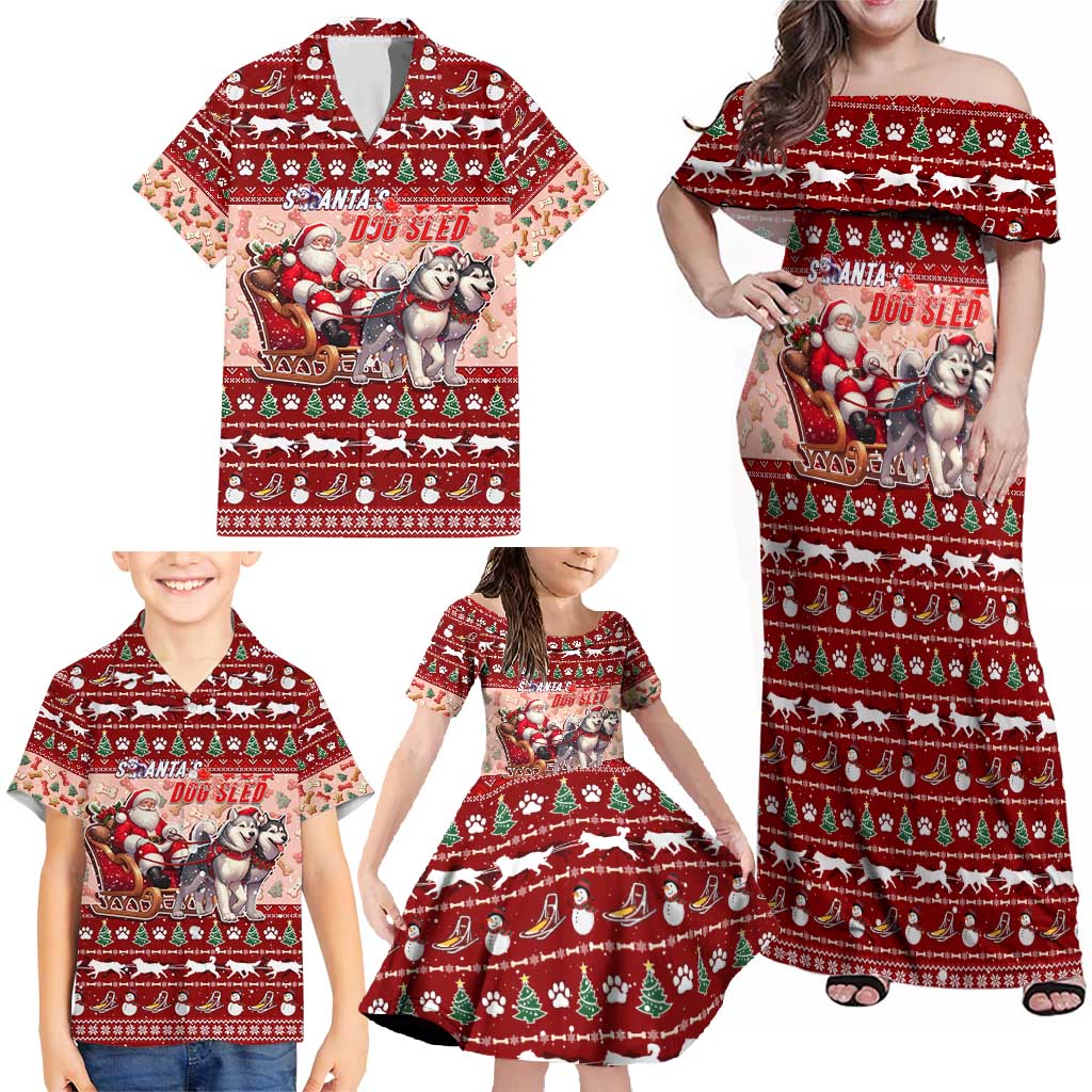 Dog Sled Christmas Family Matching Off Shoulder Maxi Dress and Hawaiian Shirt Husky Sleigh Ride Design - Polynesian Pride