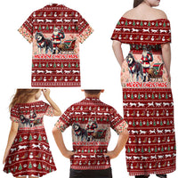 Dog Sled Christmas Family Matching Off Shoulder Maxi Dress and Hawaiian Shirt Husky Sleigh Ride Design - Polynesian Pride