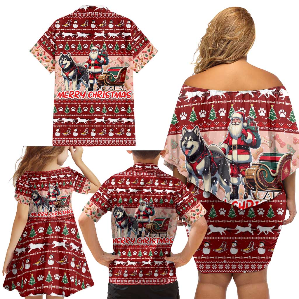 Dog Sled Christmas Family Matching Off Shoulder Short Dress and Hawaiian Shirt Husky Sleigh Ride Design - Polynesian Pride