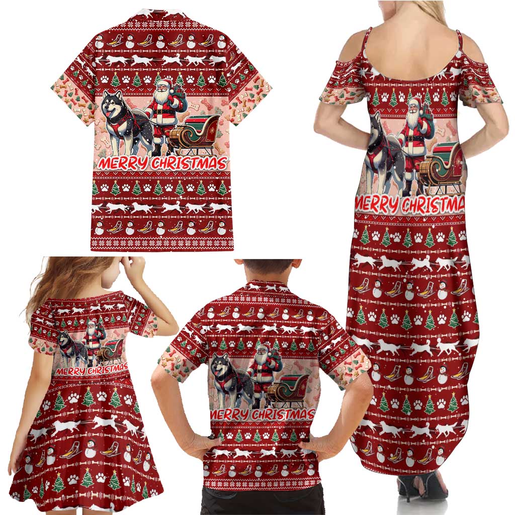 Dog Sled Christmas Family Matching Summer Maxi Dress and Hawaiian Shirt Husky Sleigh Ride Design - Polynesian Pride