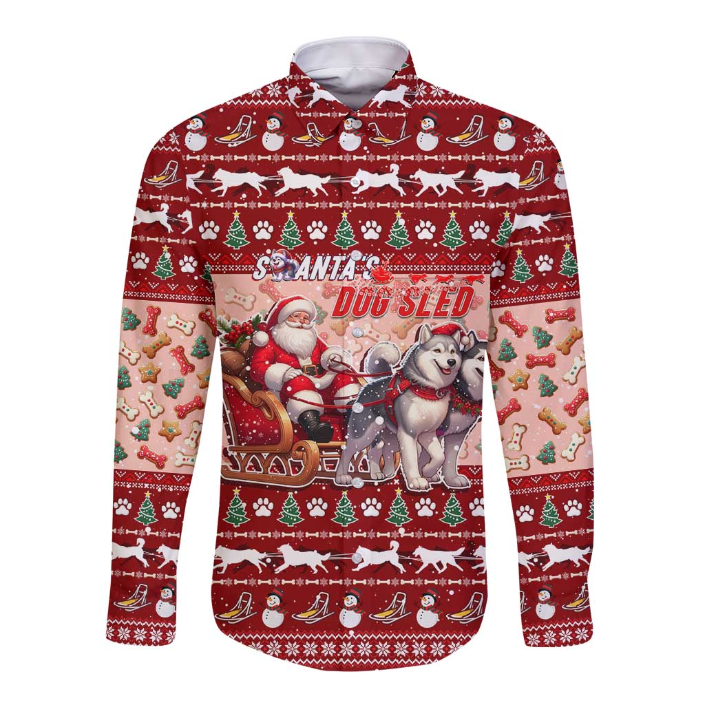 Dog Sled Christmas Long Sleeve Button Shirt Husky Sleigh Ride Design - Polynesian Pride