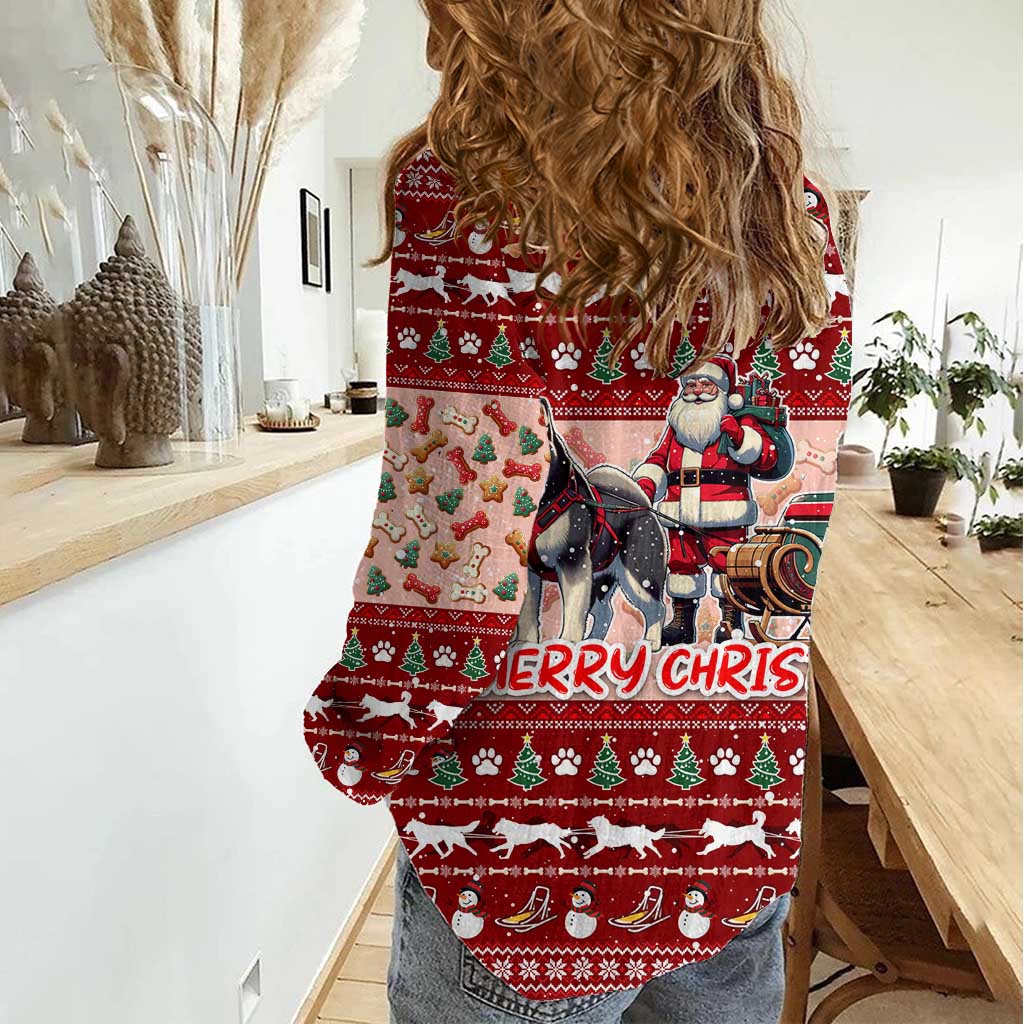 Dog Sled Christmas Women Casual Shirt Husky Sleigh Ride Design - Polynesian Pride