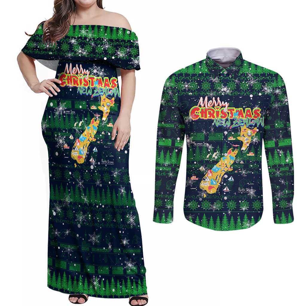 Merry Christmas New Zealand Couples Matching Off Shoulder Maxi Dress and Long Sleeve Button Shirt Xmas Travel Map - Polynesian Pride