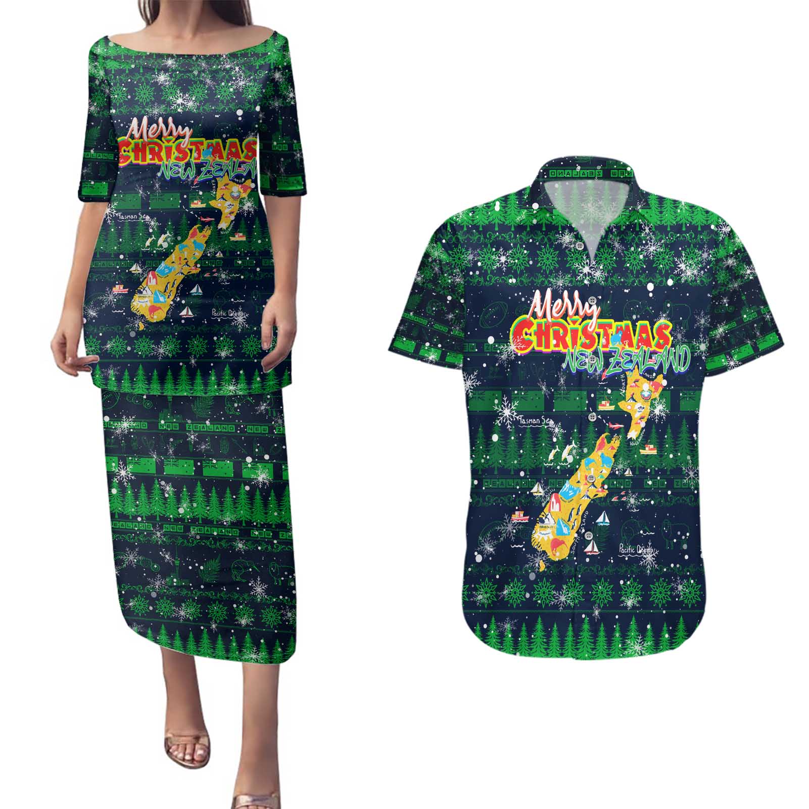 Merry Christmas New Zealand Couples Matching Puletasi and Hawaiian Shirt Xmas Travel Map - Polynesian Pride