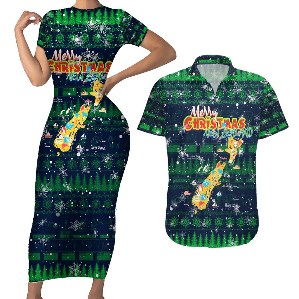 Merry Christmas New Zealand Couples Matching Short Sleeve Bodycon Dress and Hawaiian Shirt Xmas Travel Map - Polynesian Pride