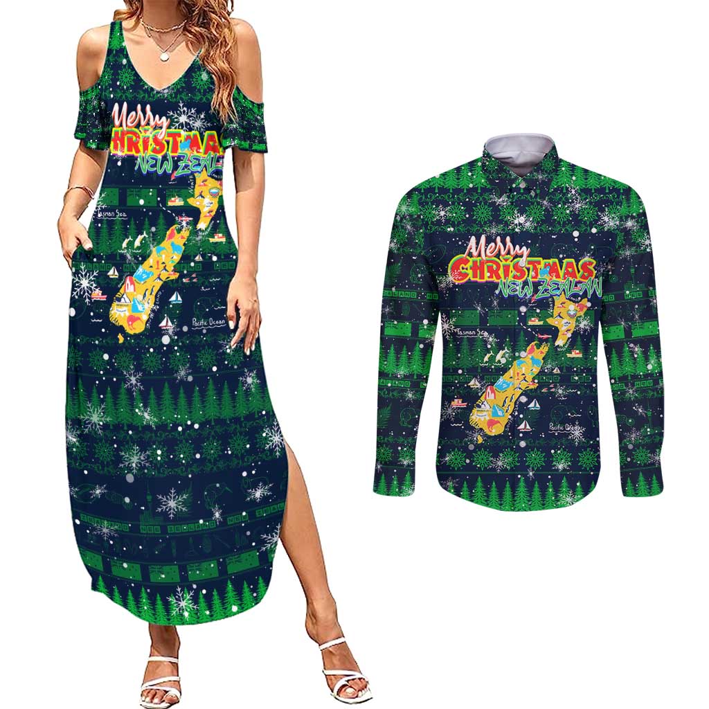 Merry Christmas New Zealand Couples Matching Summer Maxi Dress and Long Sleeve Button Shirt Xmas Travel Map - Polynesian Pride