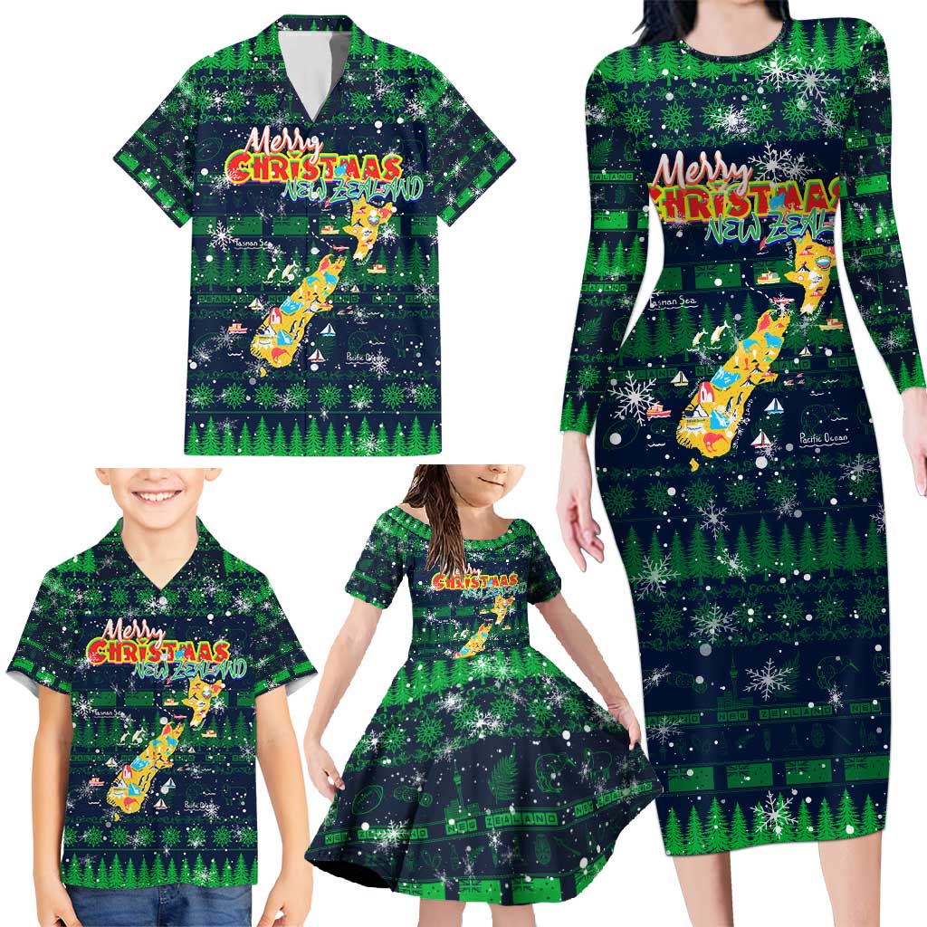 Merry Christmas New Zealand Family Matching Long Sleeve Bodycon Dress and Hawaiian Shirt Xmas Travel Map - Polynesian Pride