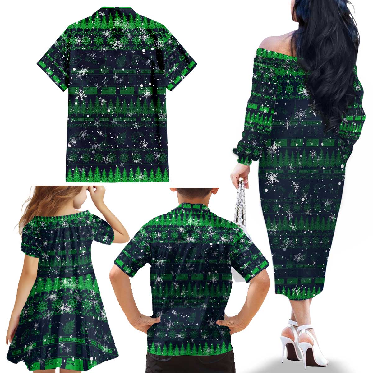 Merry Christmas New Zealand Family Matching Off The Shoulder Long Sleeve Dress and Hawaiian Shirt Xmas Travel Map - Polynesian Pride