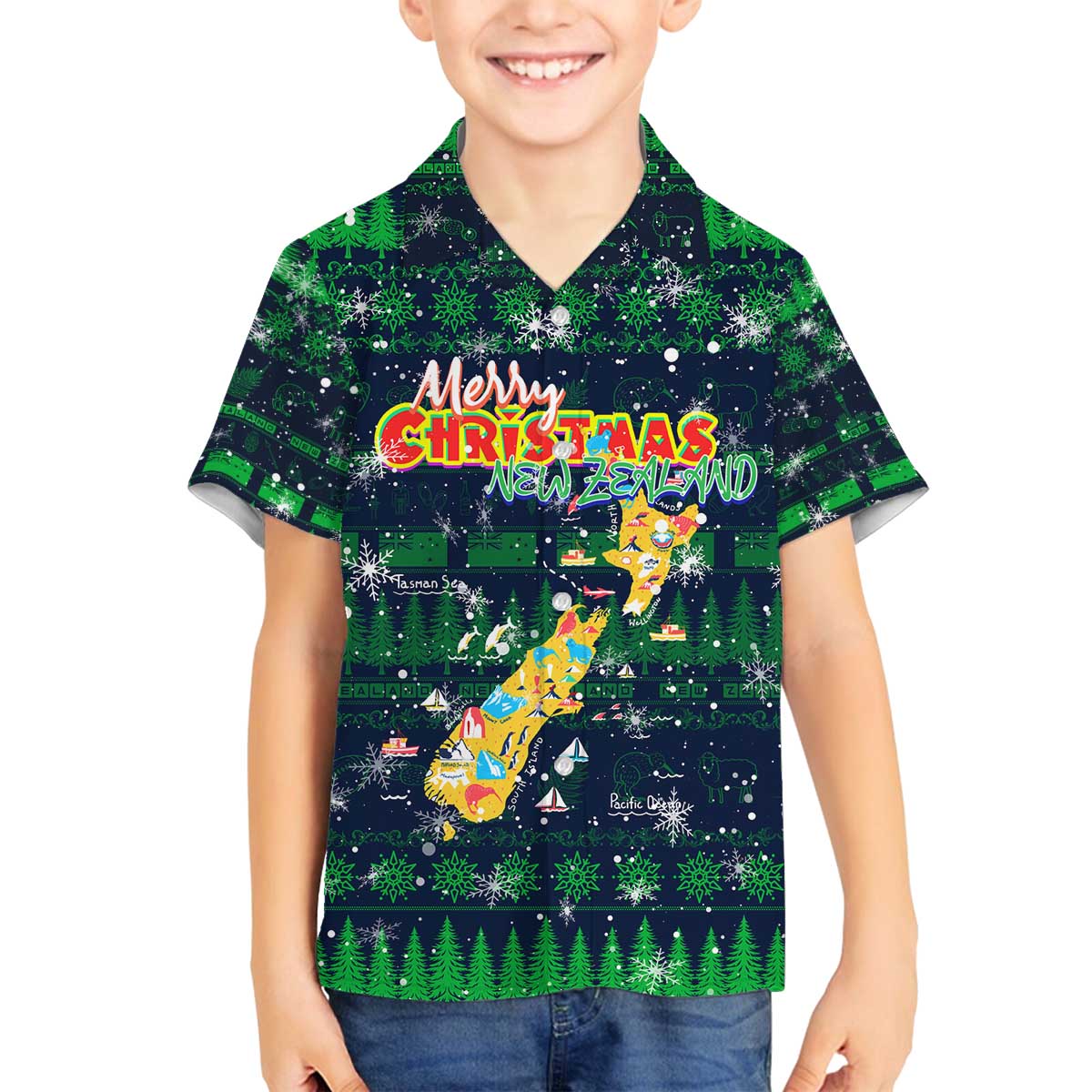 Merry Christmas New Zealand Family Matching Off The Shoulder Long Sleeve Dress and Hawaiian Shirt Xmas Travel Map - Polynesian Pride