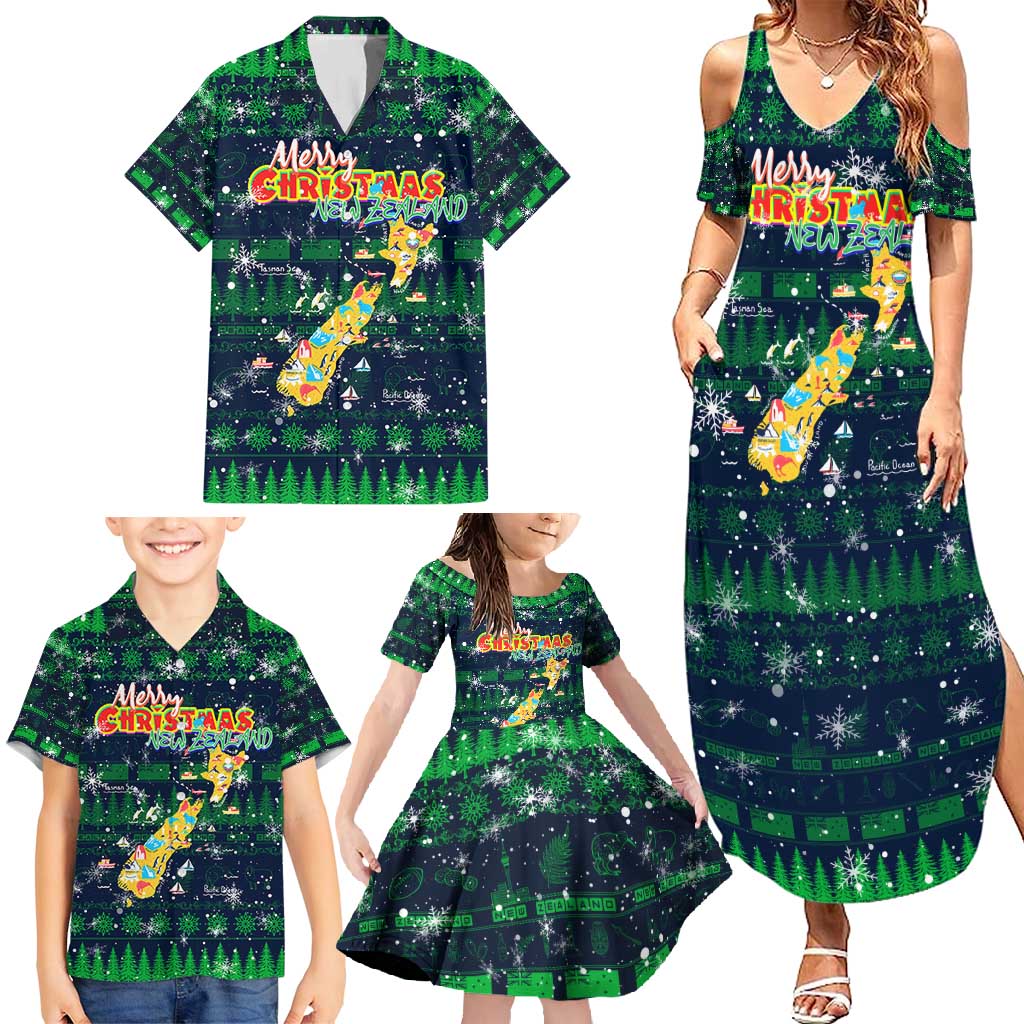 Merry Christmas New Zealand Family Matching Summer Maxi Dress and Hawaiian Shirt Xmas Travel Map - Polynesian Pride