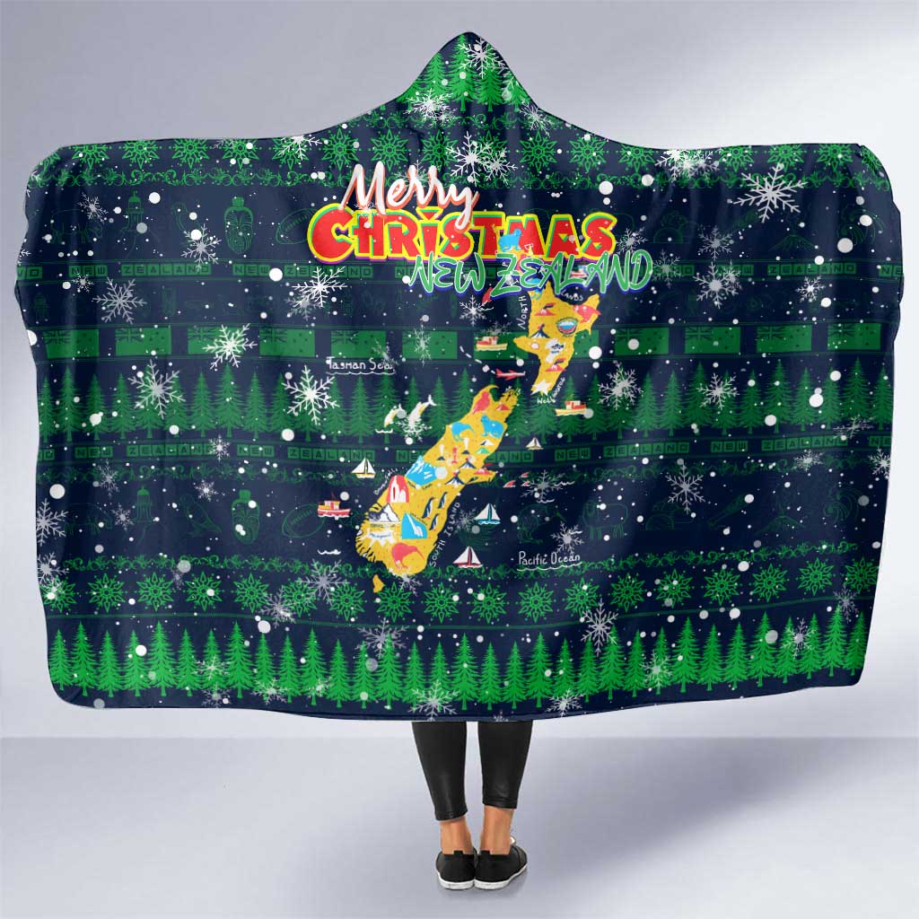 Merry Christmas New Zealand Hooded Blanket Xmas Travel Map - Polynesian Pride