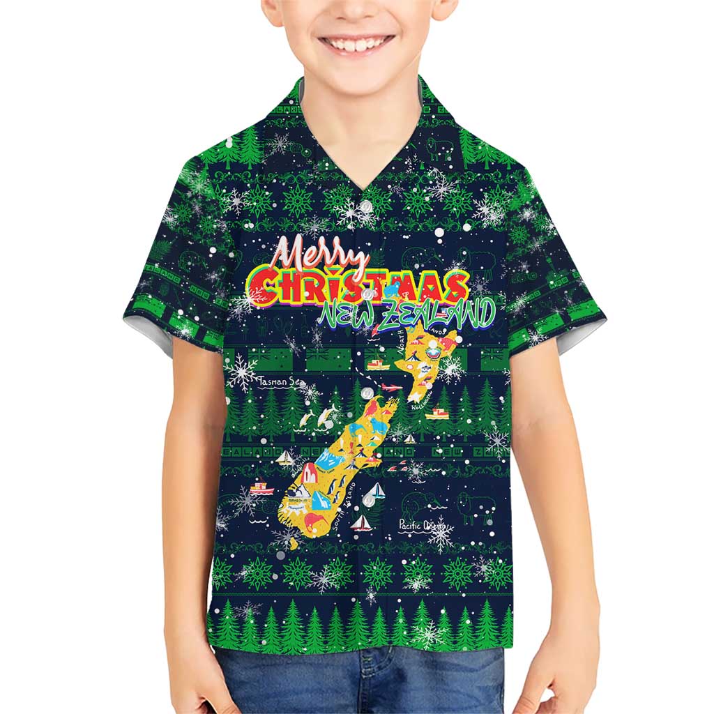 Merry Christmas New Zealand Kid Hawaiian Shirt Xmas Travel Map - Polynesian Pride