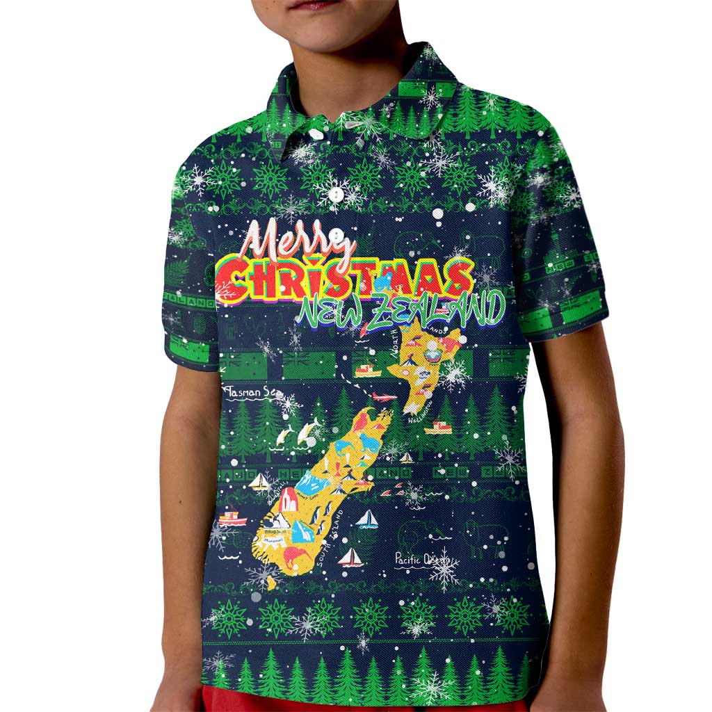 Merry Christmas New Zealand Kid Polo Shirt Xmas Travel Map - Polynesian Pride