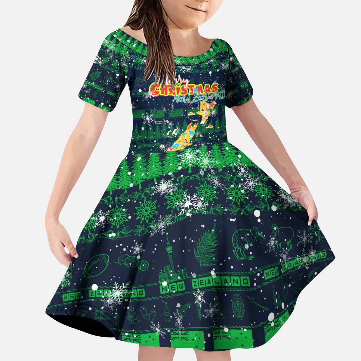 Merry Christmas New Zealand Kid Short Sleeve Dress Xmas Travel Map - Polynesian Pride