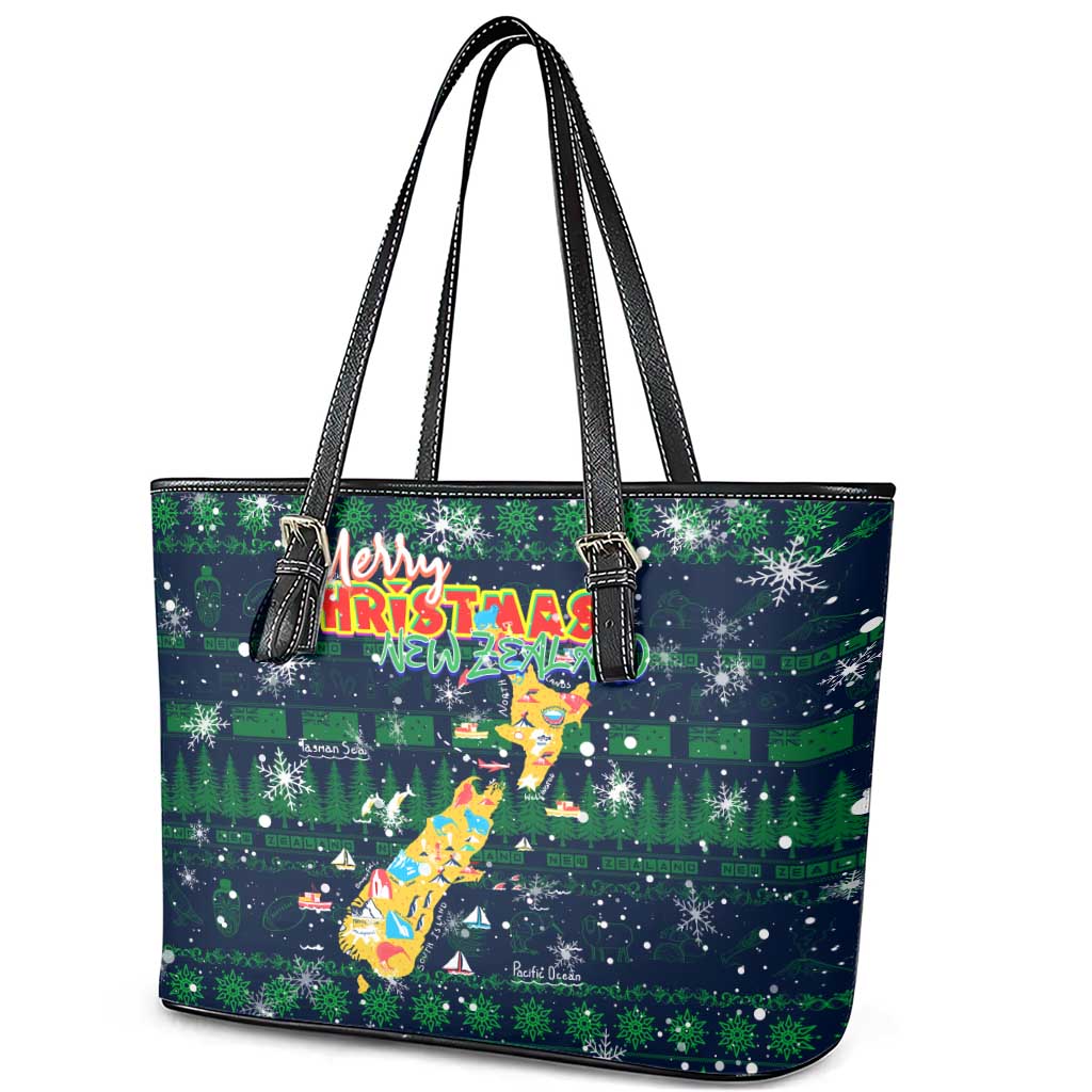 Merry Christmas New Zealand Leather Tote Bag Xmas Travel Map - Polynesian Pride