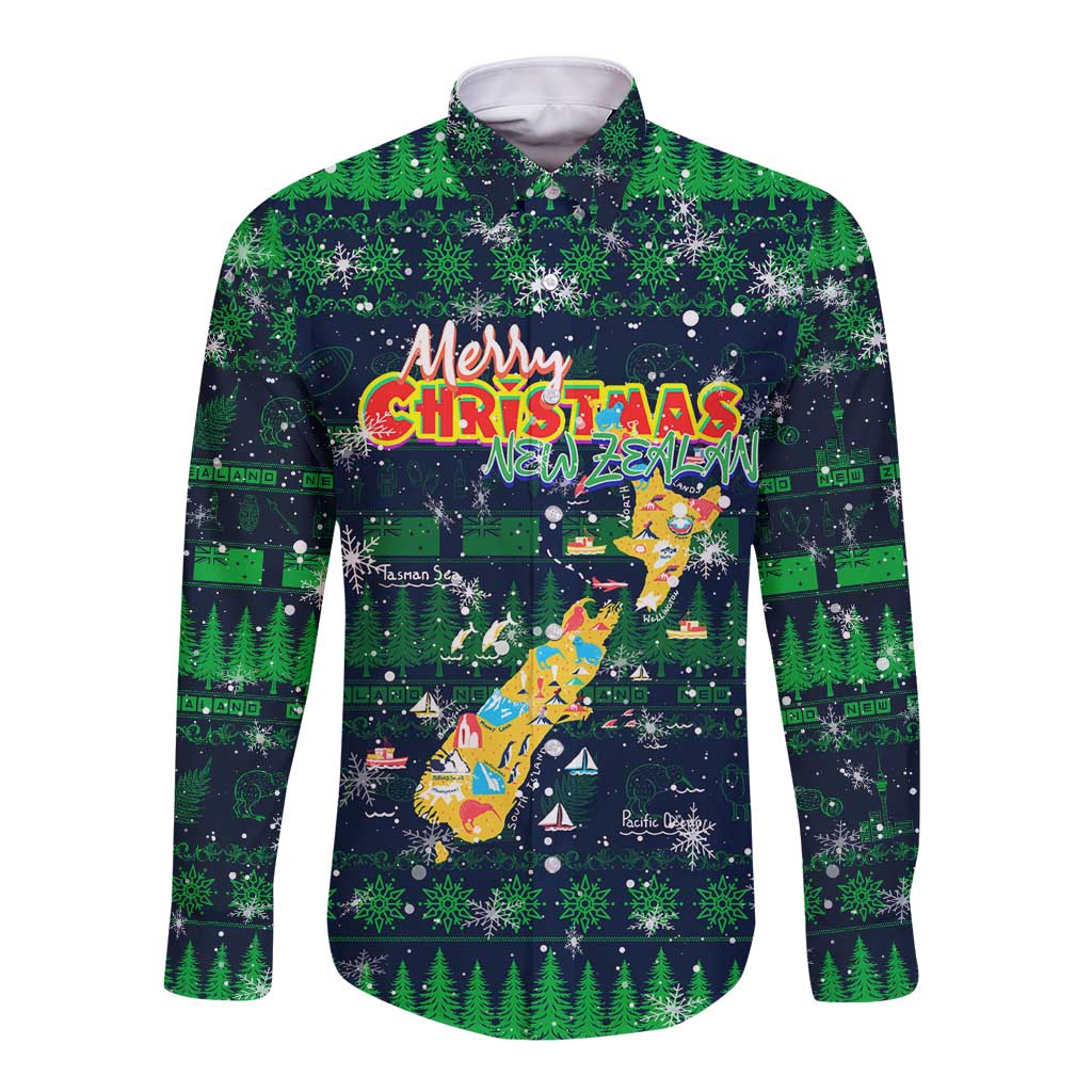 Merry Christmas New Zealand Long Sleeve Button Shirt Xmas Travel Map - Polynesian Pride
