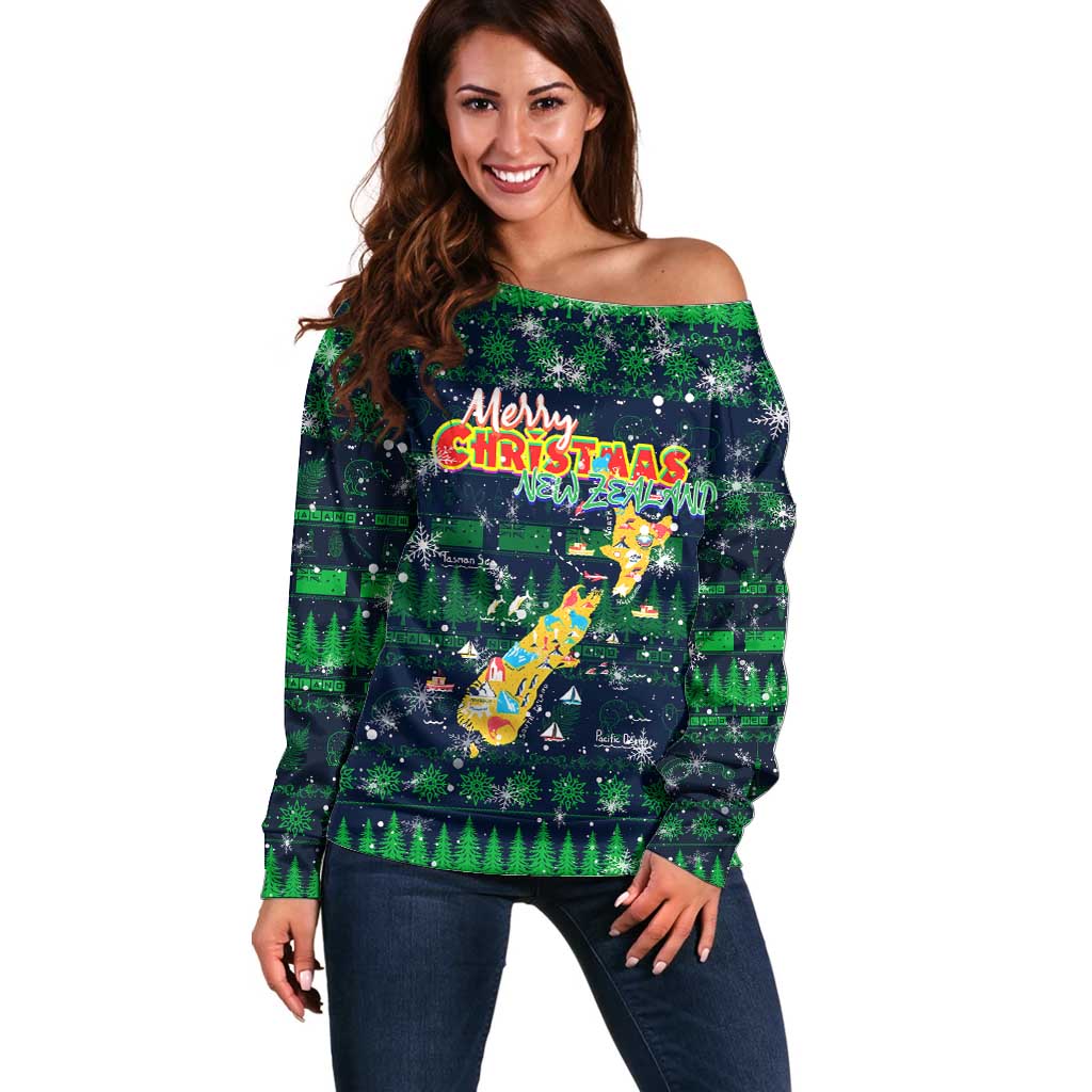 Merry Christmas New Zealand Off Shoulder Sweater Xmas Travel Map - Polynesian Pride