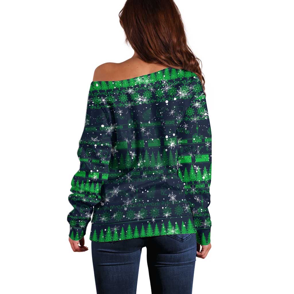 Merry Christmas New Zealand Off Shoulder Sweater Xmas Travel Map - Polynesian Pride