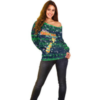 Merry Christmas New Zealand Off Shoulder Sweater Xmas Travel Map - Polynesian Pride
