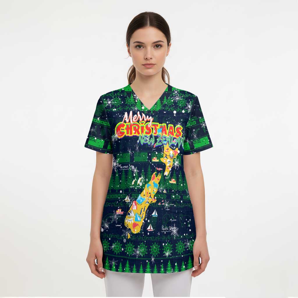 Merry Christmas New Zealand Scrub Top Xmas Travel Map - Polynesian Pride
