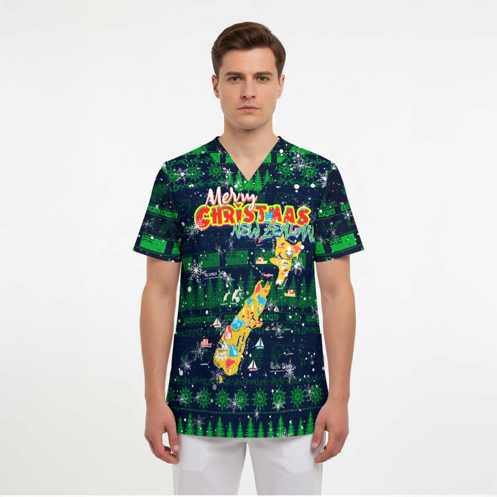 Merry Christmas New Zealand Scrub Top Xmas Travel Map - Polynesian Pride