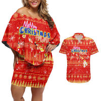 Merry Christmas Hawaii Couples Matching Off Shoulder Short Dress and Hawaiian Shirt Xmas Travel Map - Polynesian Pride