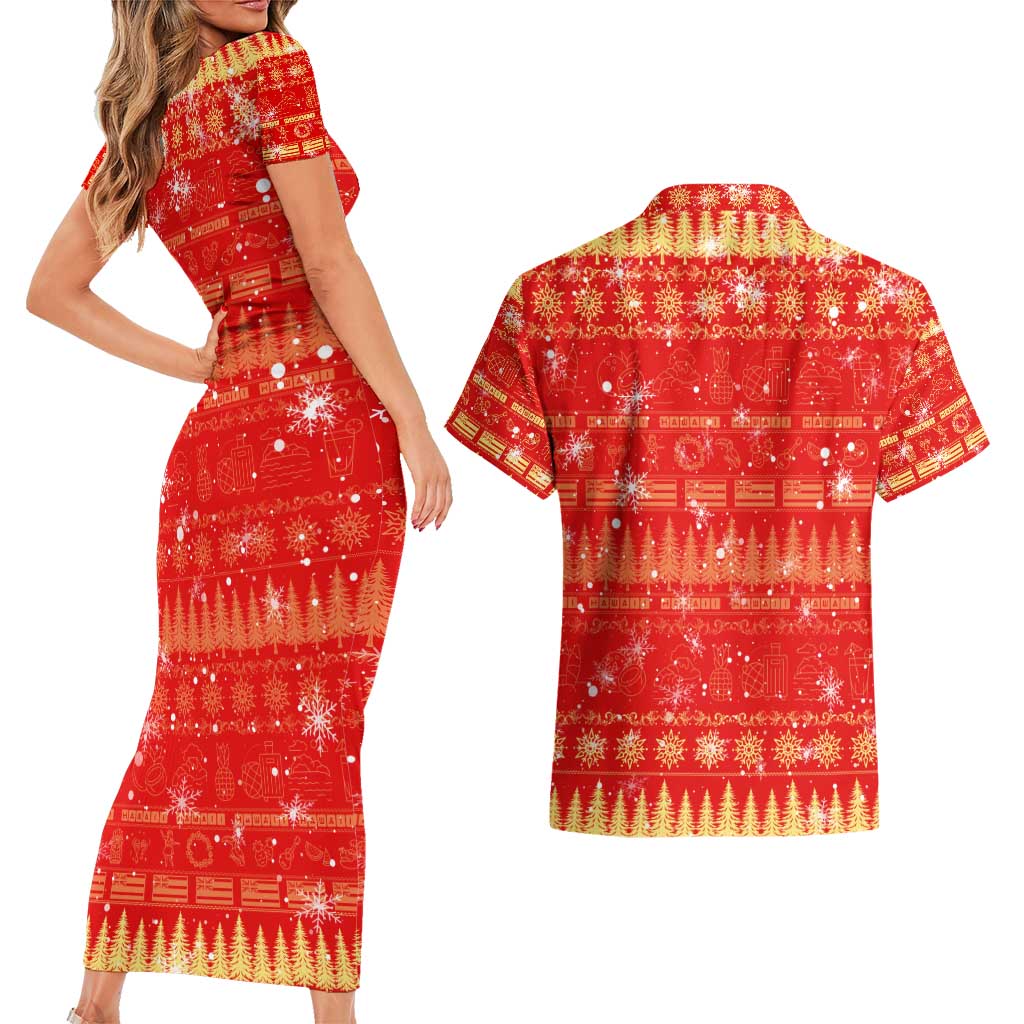 Merry Christmas Hawaii Couples Matching Short Sleeve Bodycon Dress and Hawaiian Shirt Xmas Travel Map - Polynesian Pride