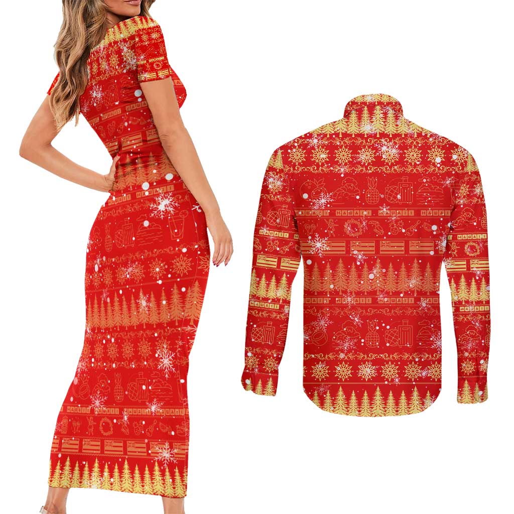 Merry Christmas Hawaii Couples Matching Short Sleeve Bodycon Dress and Long Sleeve Button Shirt Xmas Travel Map - Polynesian Pride