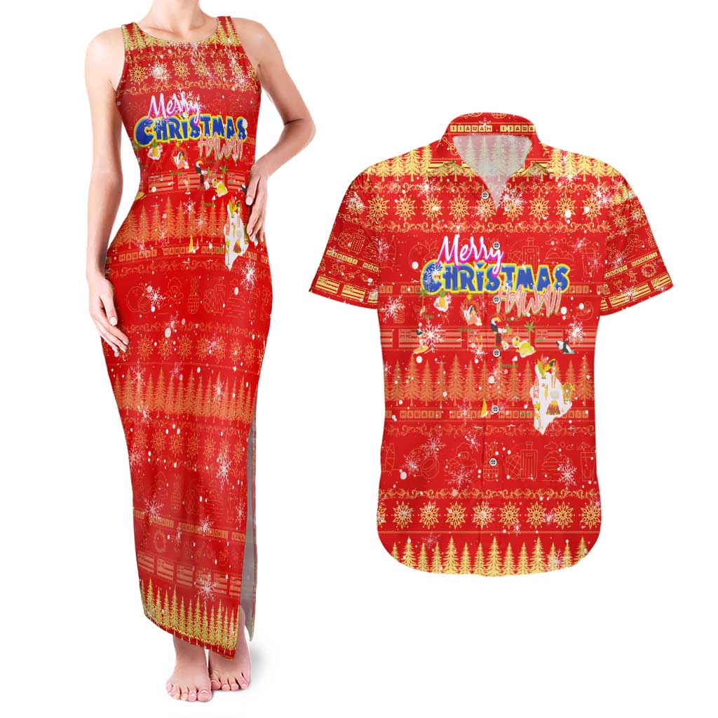 Merry Christmas Hawaii Couples Matching Tank Maxi Dress and Hawaiian Shirt Xmas Travel Map - Polynesian Pride