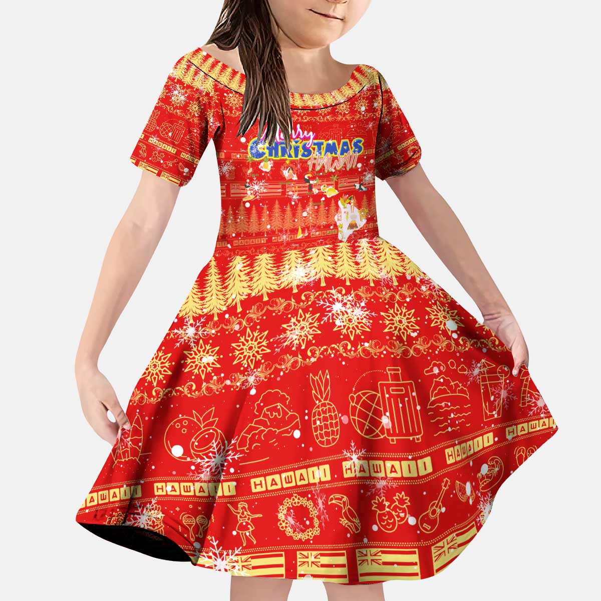 Merry Christmas Hawaii Kid Short Sleeve Dress Xmas Travel Map - Polynesian Pride