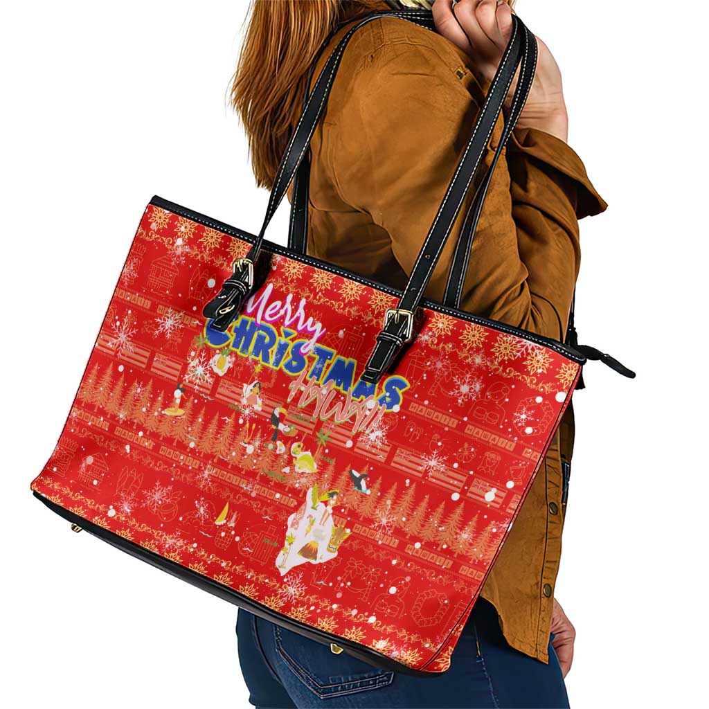 Merry Christmas Hawaii Leather Tote Bag Xmas Travel Map - Polynesian Pride