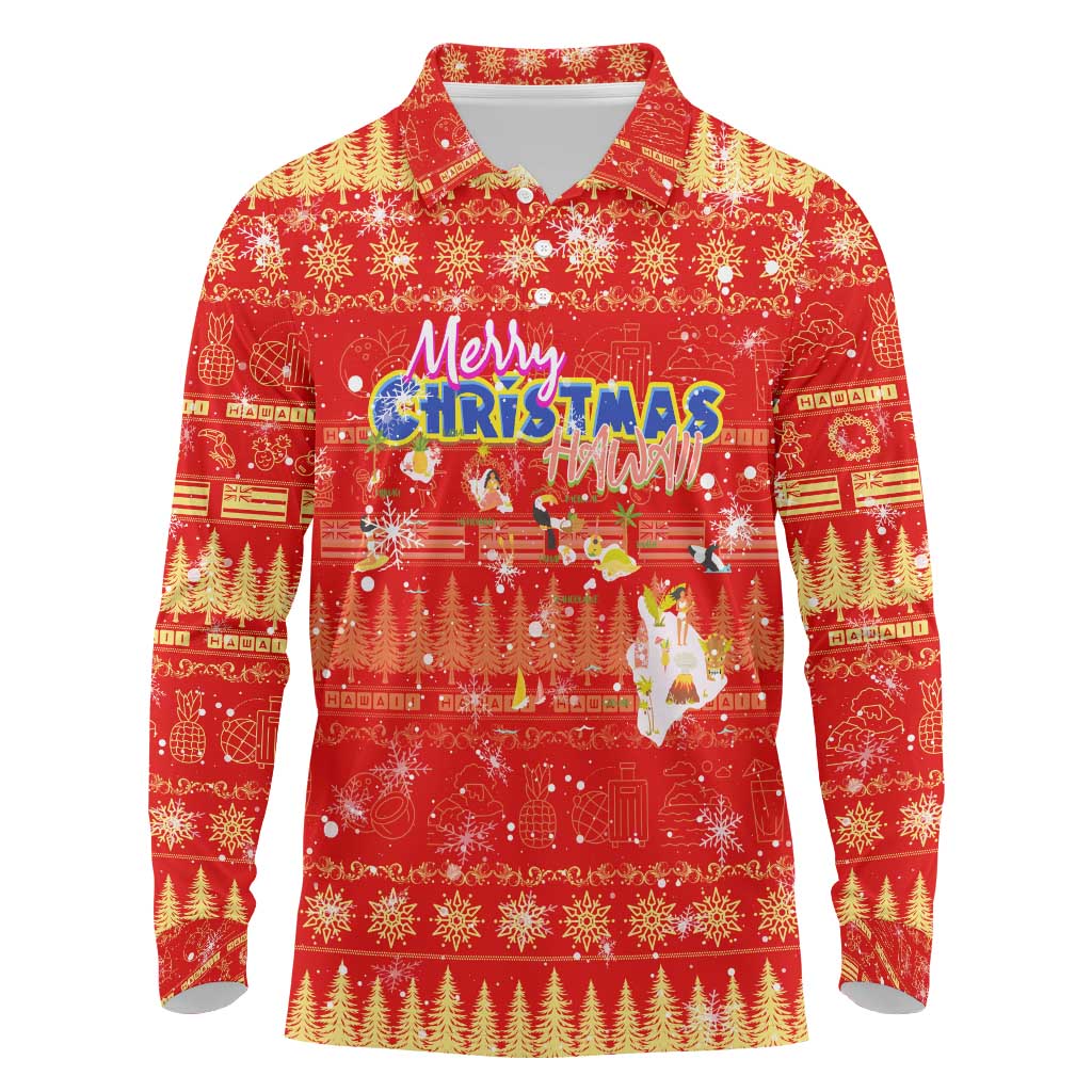 Merry Christmas Hawaii Long Sleeve Polo Shirt Xmas Travel Map - Polynesian Pride
