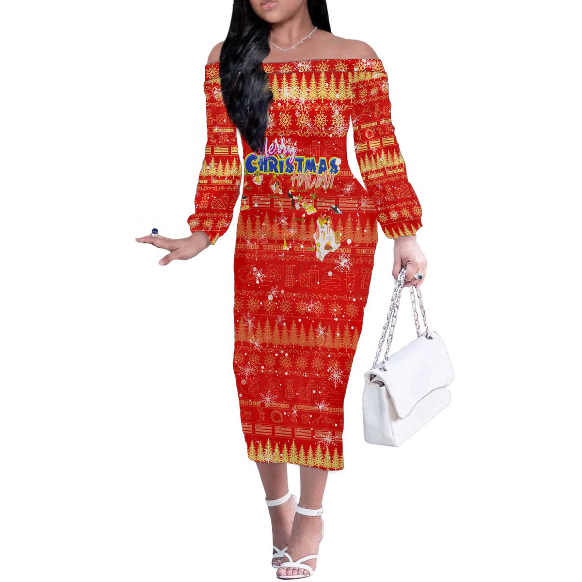 women's red off the shoulder dress for christmas off-shoulder long-sleeved knitted sweater women winter n Lee Nhi Boutique combining sophistication with timeless style. Red 1950s Christmas Off-Shoulder Velvet