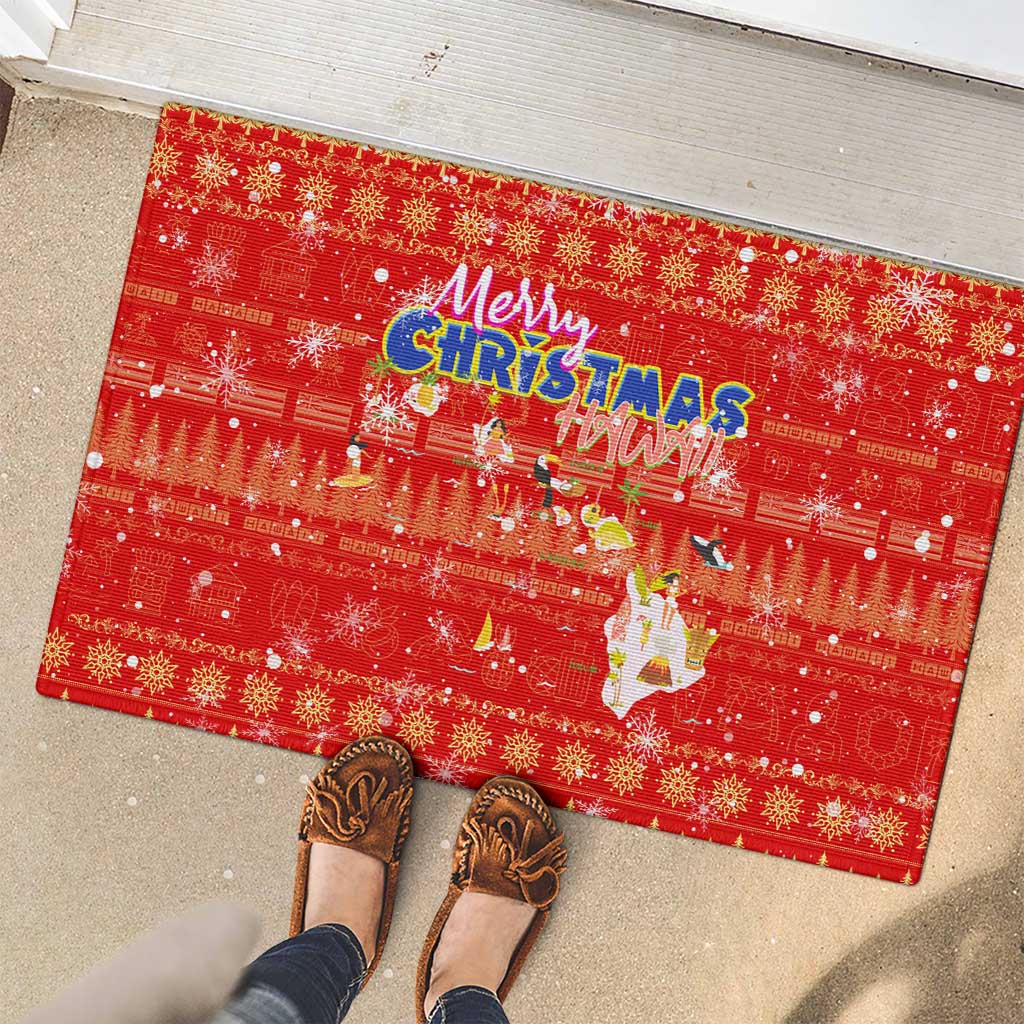 Merry Christmas Hawaii Rubber Doormat Xmas Travel Map - Polynesian Pride