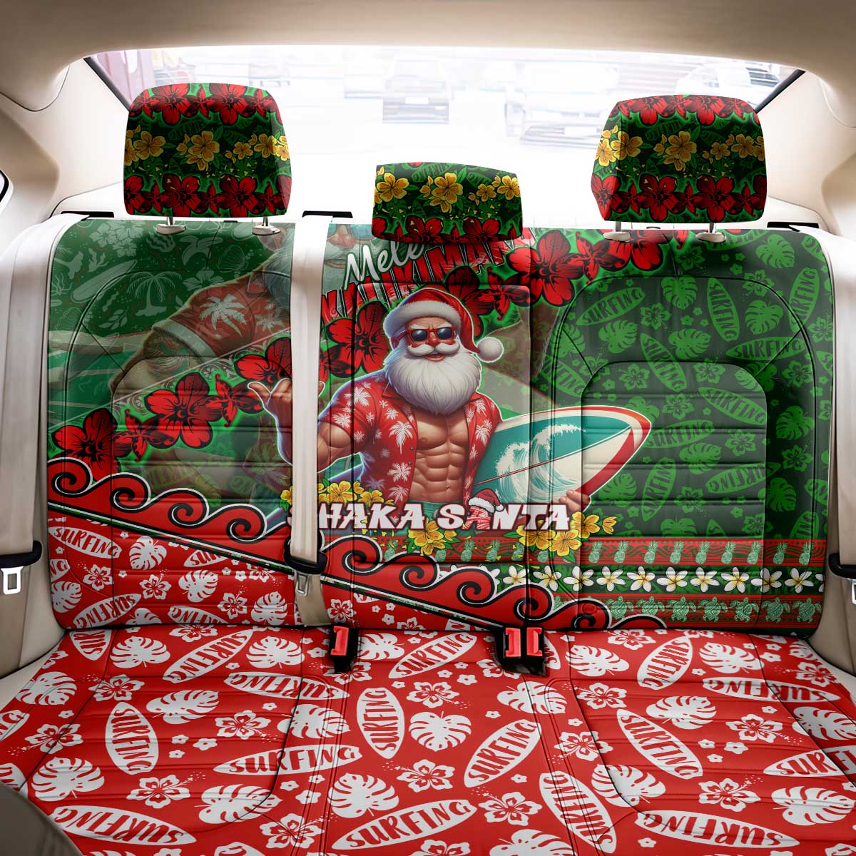 Mele Kalikimaka Shaka Santa Back Car Seat Cover Hawaiian Surf Christmas Design with Aloha Spirit - Polynesian Pride