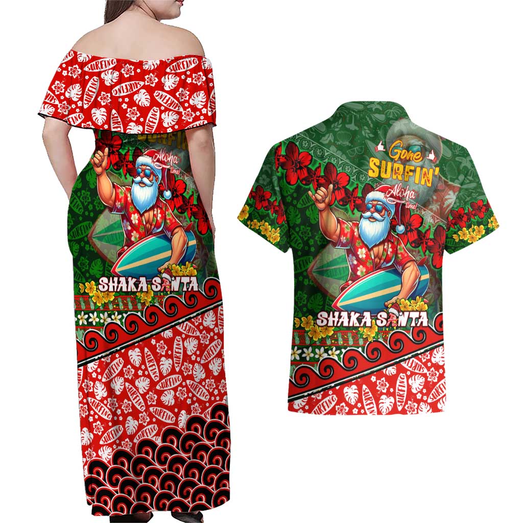 Mele Kalikimaka Shaka Santa Couples Matching Off Shoulder Maxi Dress and Hawaiian Shirt Hawaiian Surf Christmas Design with Aloha Spirit - Polynesian Pride